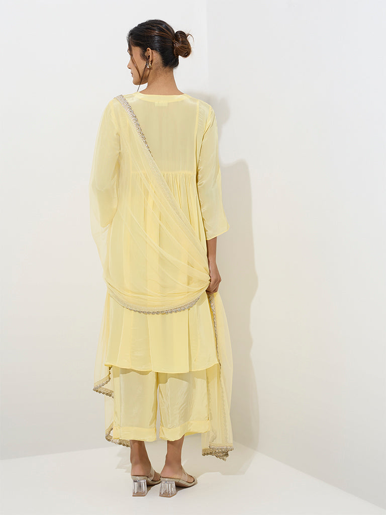 Vark Yellow Floral Embroidered A-Line Kurta. Pants and Dupatta Set - Image 4