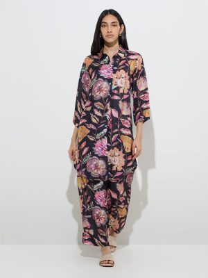 Utsa Black Botanical Design Straight Kurta