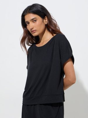 Wunderlove Black Self-Striped T-Shirt