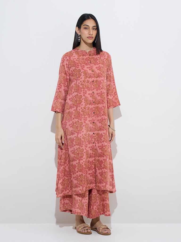 Utsa Pink Floral Design A-Line Kurta