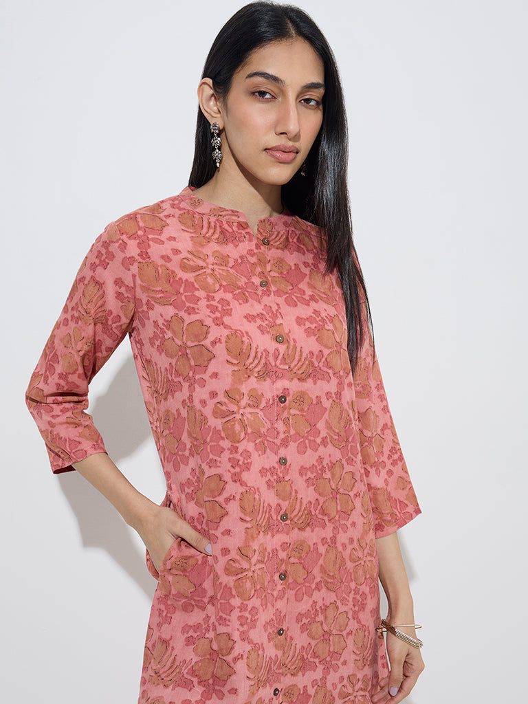 Utsa Pink Floral Design A-Line Kurta - Image 2
