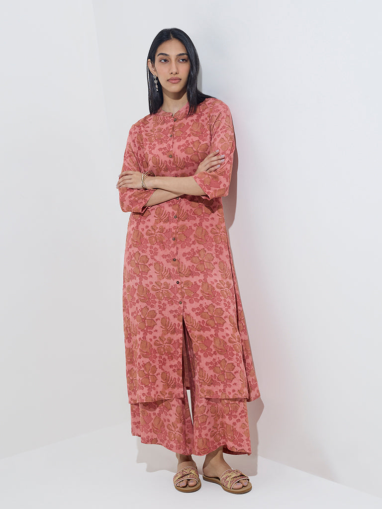 Utsa Pink Floral Design A-Line Kurta - Image 3