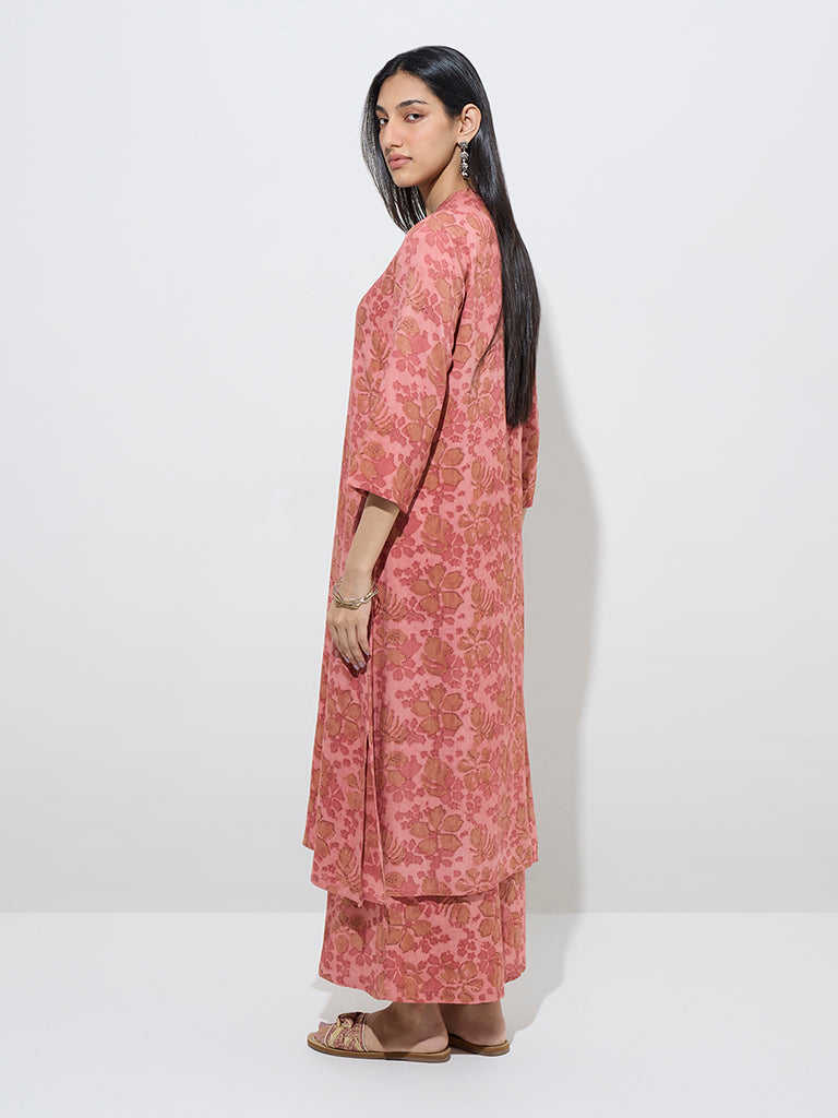 Utsa Pink Floral Design A-Line Kurta - Image 4