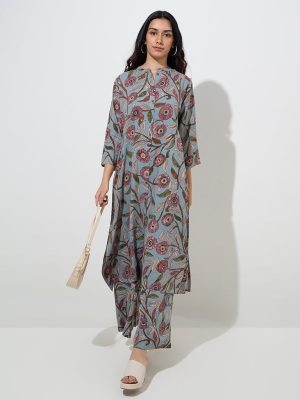 Utsa Light Blue Kalamkari-Printed A-Line Kurta
