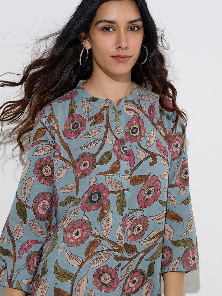 Utsa Light Blue Kalamkari-Printed A-Line Kurta - Image 2