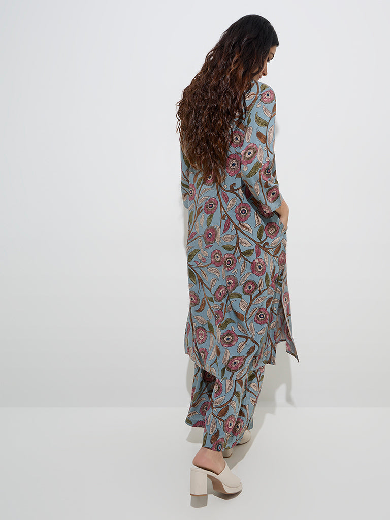 Utsa Light Blue Kalamkari-Printed A-Line Kurta - Image 4
