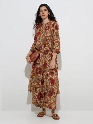 Utsa Brown Floral Printed A-Line Kurta