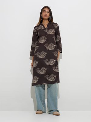 Utsa Dark Brown Fish Printed Straight Cotton Kurta