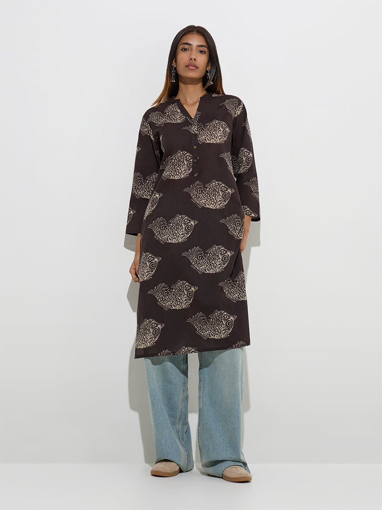 Utsa Dark Brown Fish Printed Straight Cotton Kurta
