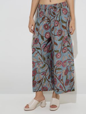 Utsa Light Blue Kalamkari-Printed Palazzos