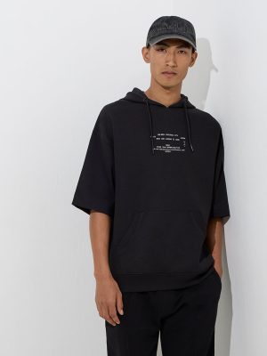 Studiofit Black Text Print Relaxed-Fit Cotton-Blend Hoodie