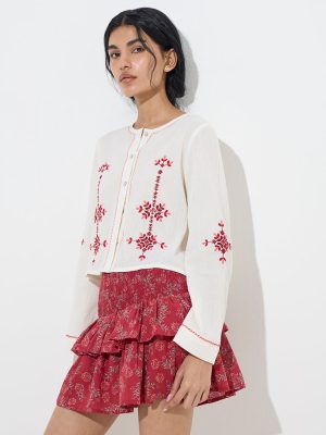 Bombay Paisley White Floral Embroidered Cotton Blouse