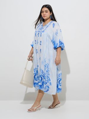 Diza Blue Floral Printed A-Line Dress