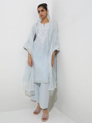 Vark Blue Cotton-Blend Kurta. Palazzos and Dupatta Set