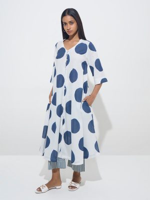 Utsa Blue Polka Dotted Cotton A-Line Kurta