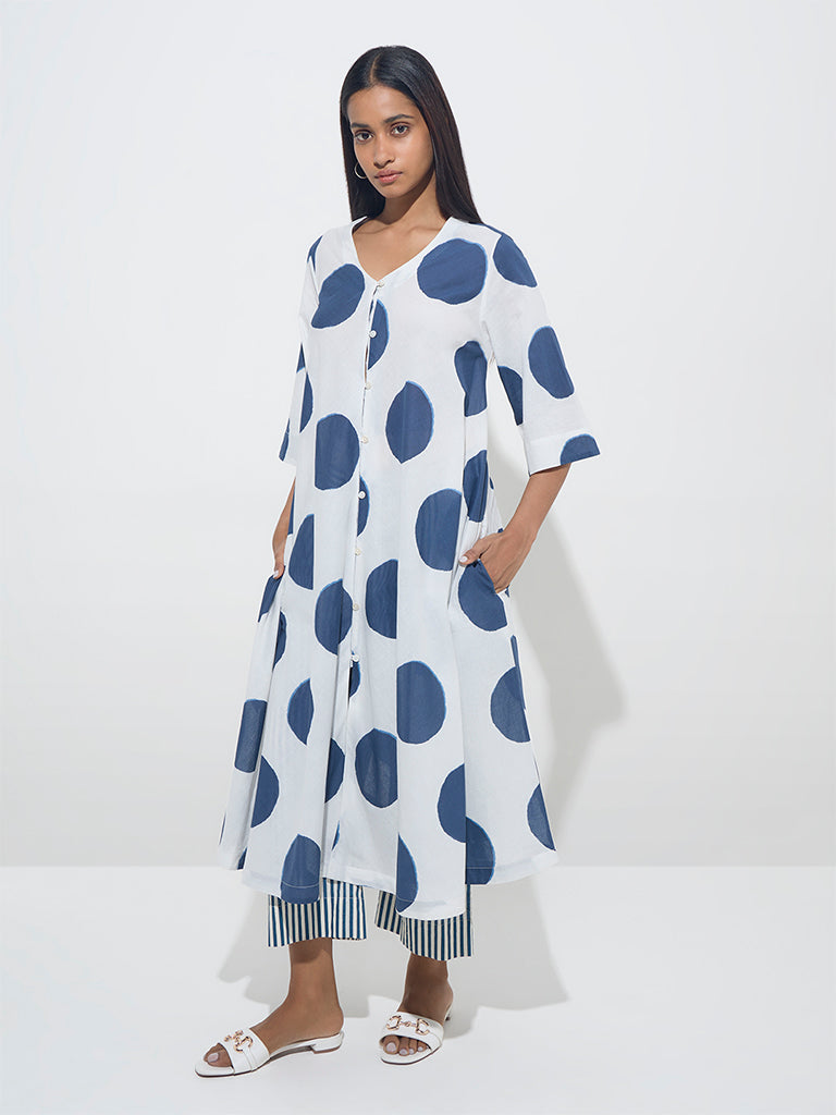 Utsa Blue Polka Dotted Cotton A-Line Kurta