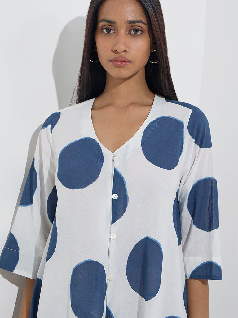 Utsa Blue Polka Dotted Cotton A-Line Kurta - Image 2