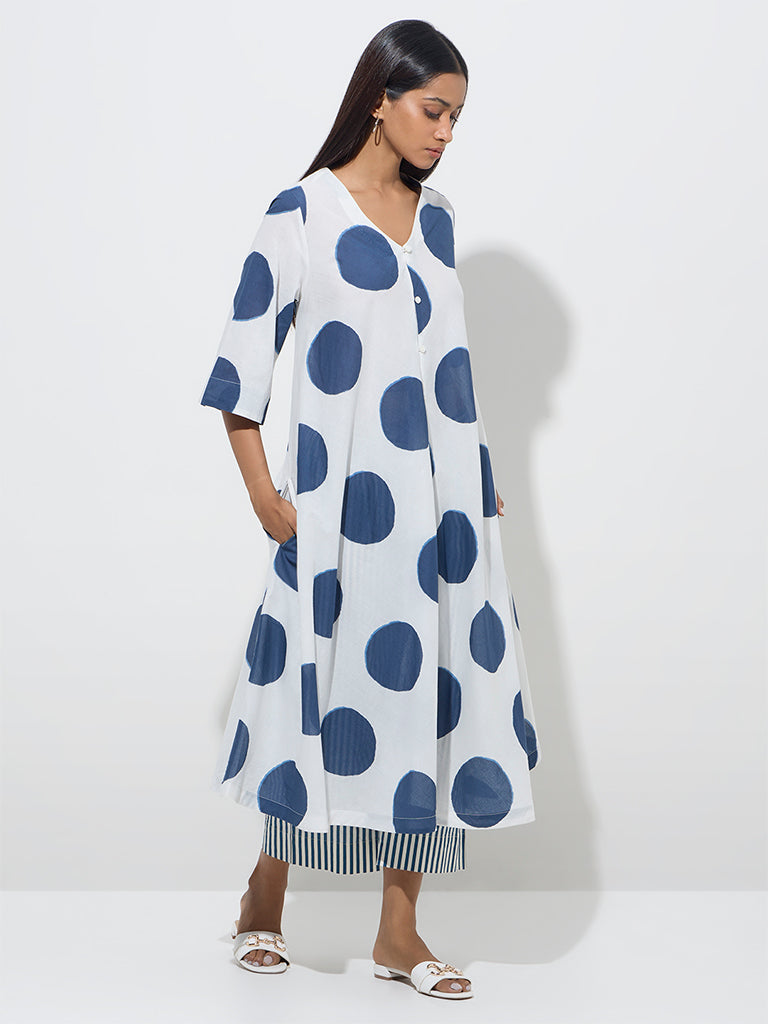 Utsa Blue Polka Dotted Cotton A-Line Kurta - Image 3