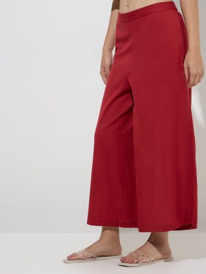 Utsa Dark Red Solid High-Rise Cotton Palazzos