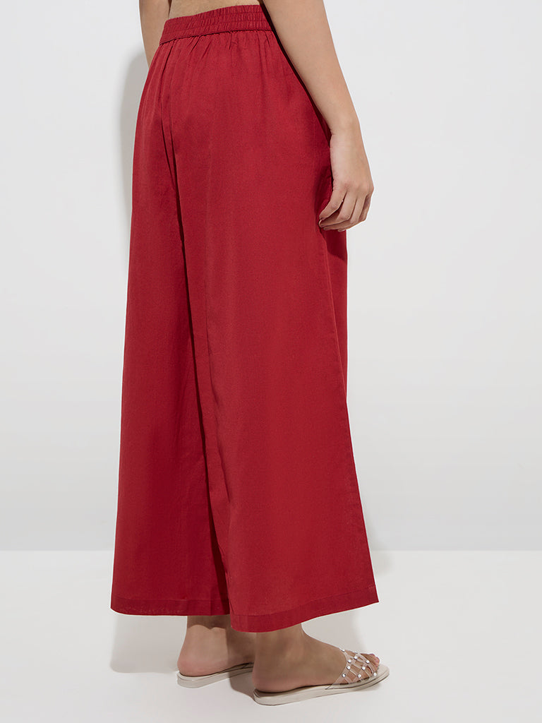 Utsa Dark Red Solid High-Rise Cotton Palazzos - Image 2