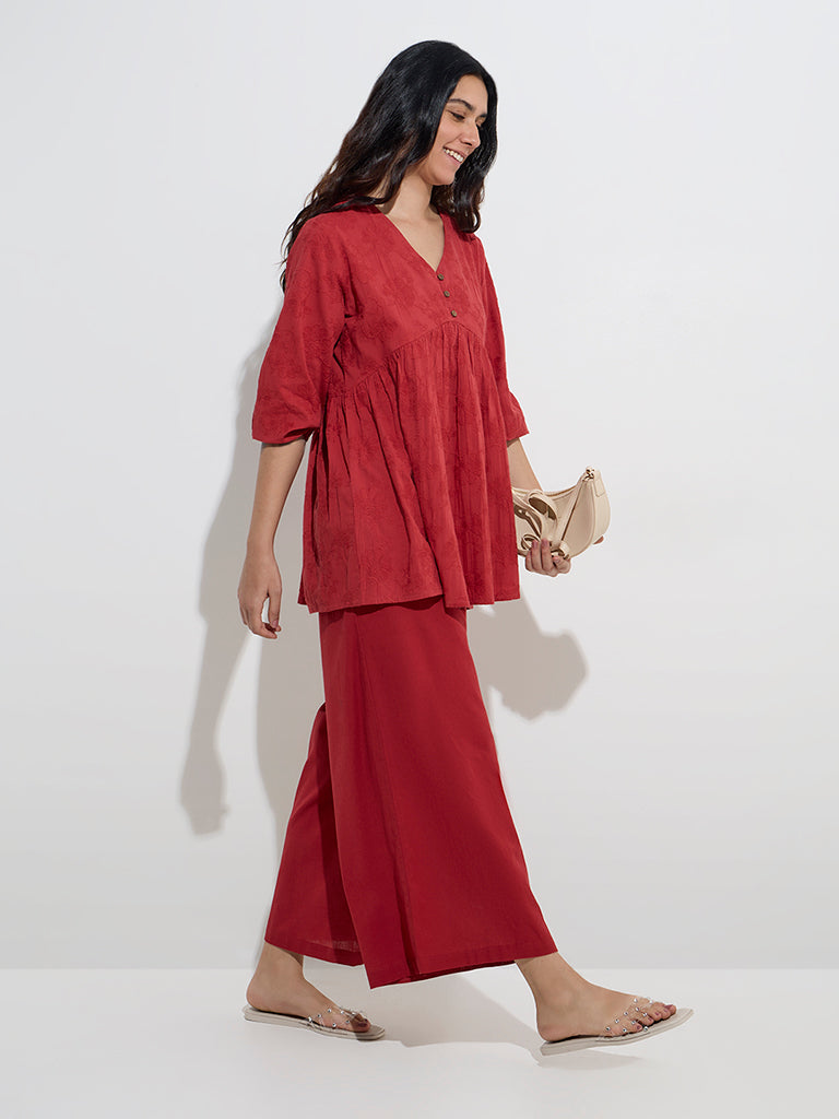 Utsa Dark Red Solid High-Rise Cotton Palazzos - Image 3