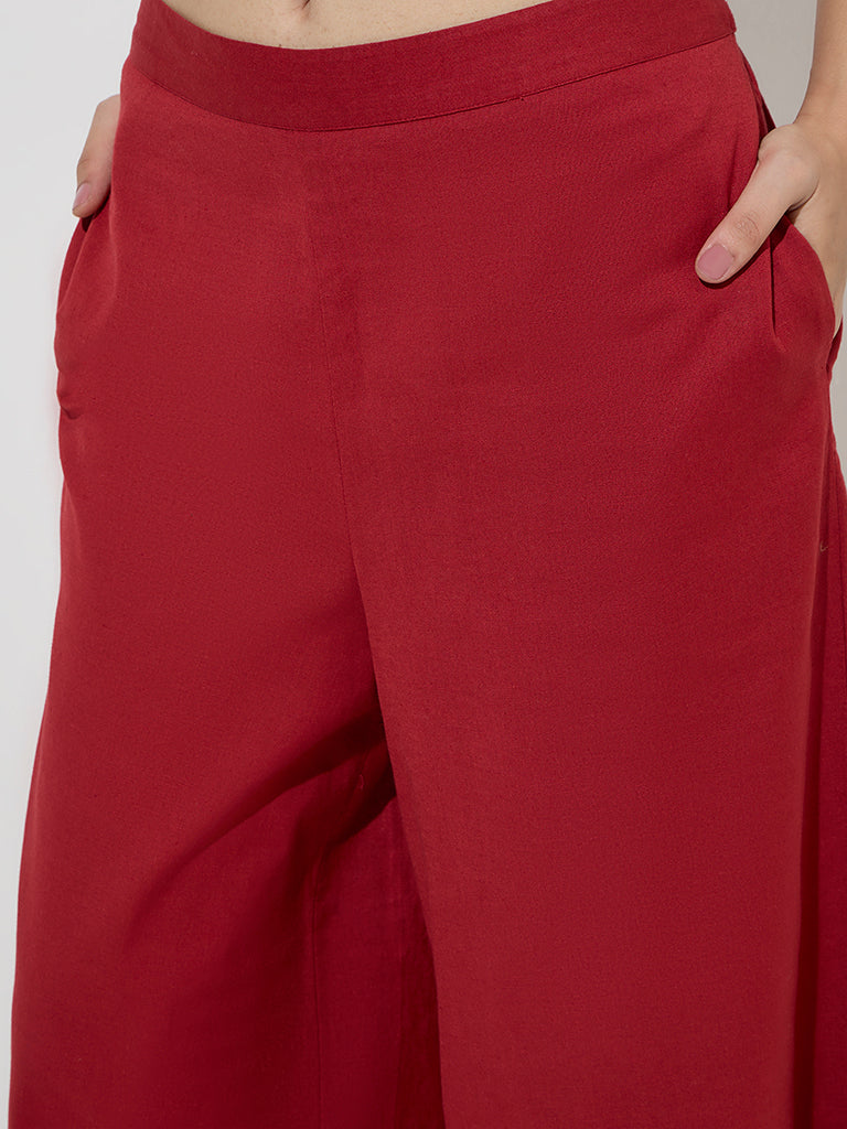 Utsa Dark Red Solid High-Rise Cotton Palazzos - Image 4