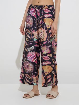 Utsa Black Botanical Design Mid-Rise Palazzos