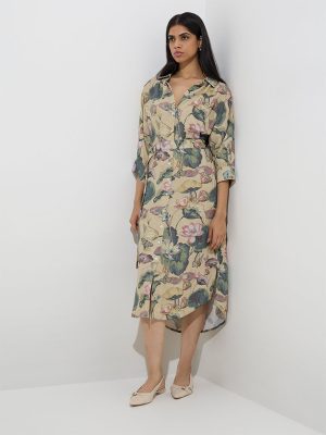 Zuba Green Botanical Design Shirt Dress with Belt