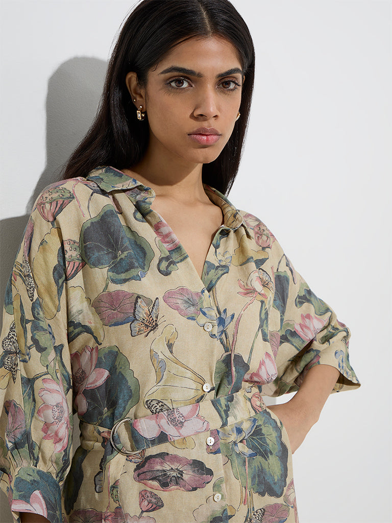 Zuba Green Botanical Design Shirt Dress with Belt - Image 2