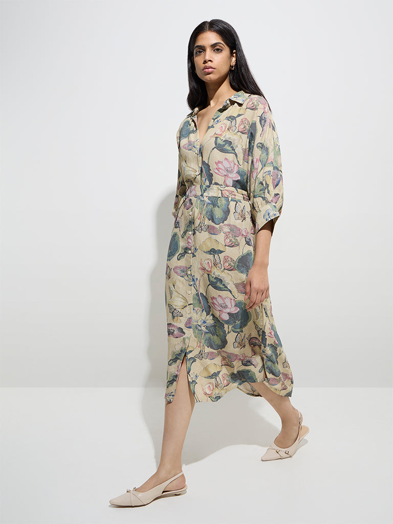 Zuba Green Botanical Design Shirt Dress with Belt - Image 3