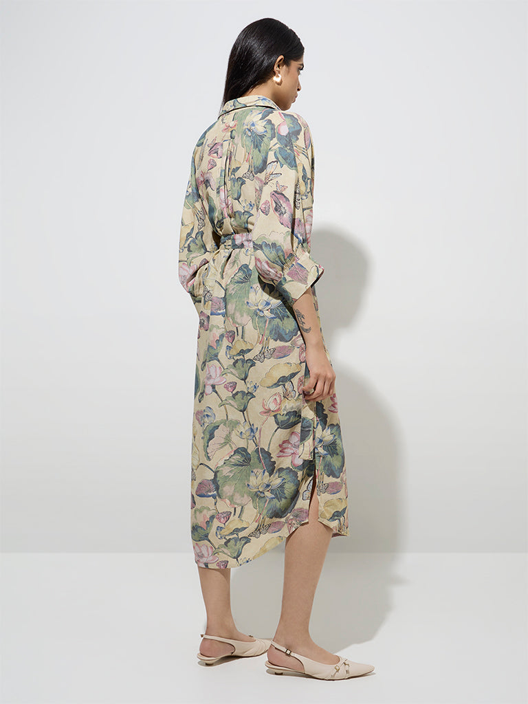 Zuba Green Botanical Design Shirt Dress with Belt - Image 4
