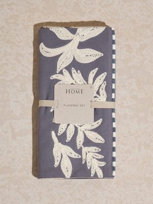 Westside Home Grey Leaf Embroidered Placemats (Set of 4)