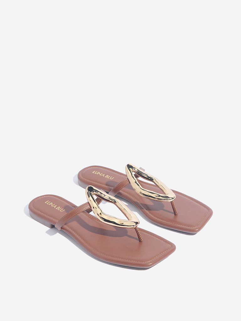 LUNA BLU Tan Hardware-Detailed Thong-Strap Sandals - Image 2