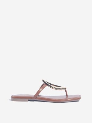 LUNA BLU Tan Hardware-Detailed Thong-Strap Sandals