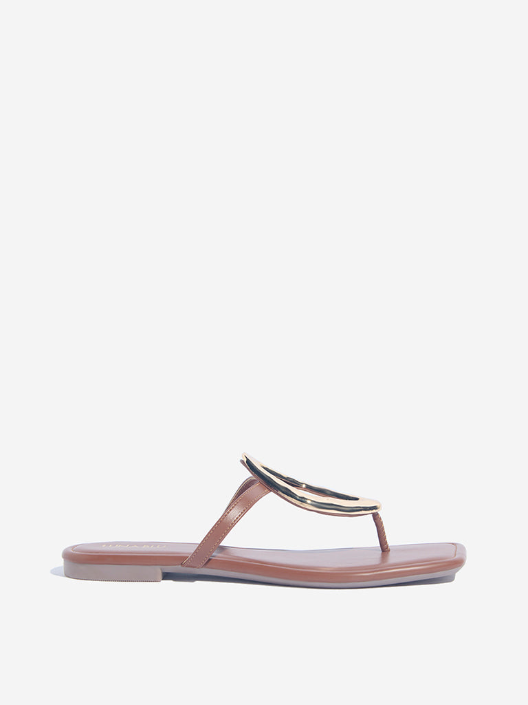 LUNA BLU Tan Hardware-Detailed Thong-Strap Sandals