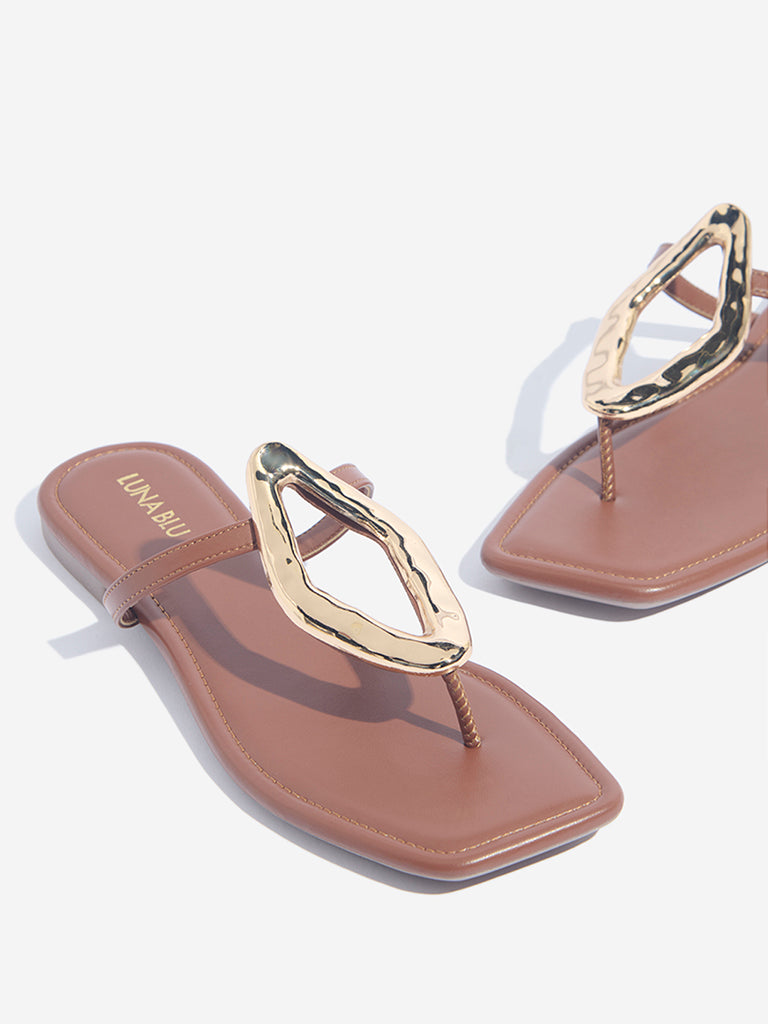 LUNA BLU Tan Hardware-Detailed Thong-Strap Sandals - Image 3