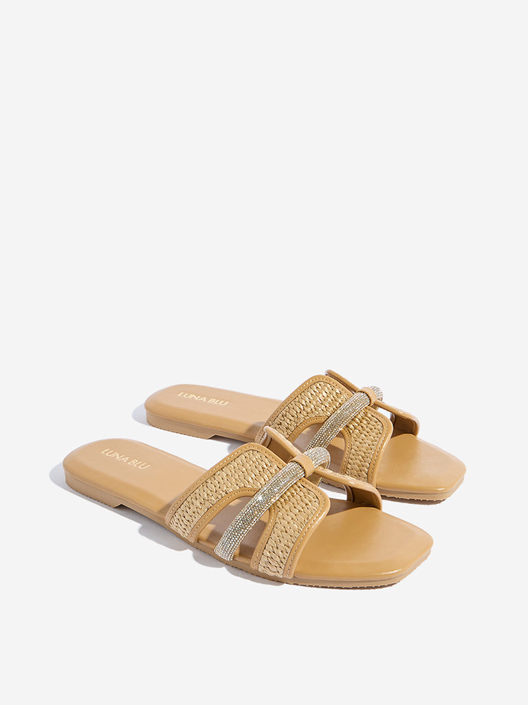 LUNA BLU Beige Jute-Textured Slides - Image 2