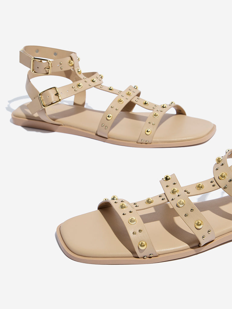 LUNA BLU Beige Studded Gladiator Sandals - Image 3