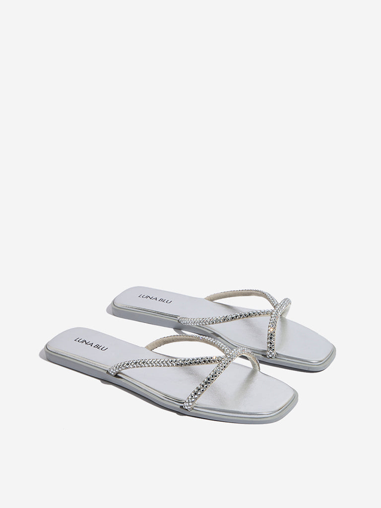 LUNA BLU Silver Diamante Embellished Multi Strap Slides - Image 2