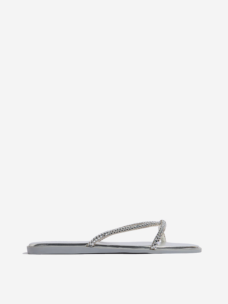 LUNA BLU Silver Diamante Embellished Multi Strap Slides
