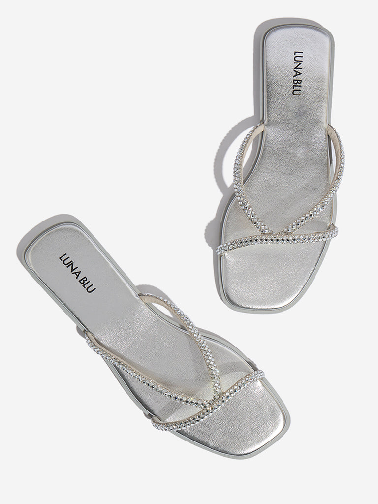 LUNA BLU Silver Diamante Embellished Multi Strap Slides - Image 3