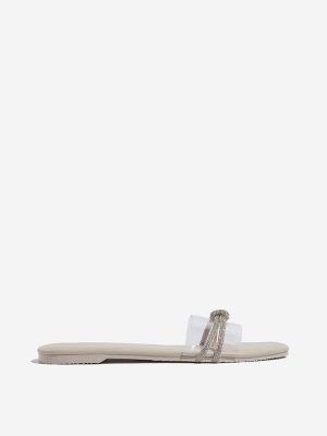 LUNA BLU Beige Diamante Embellished Vinyl Strap Slides