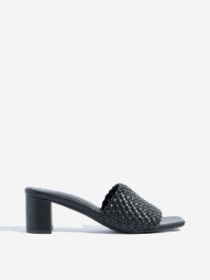 LUNA BLU Black Woven-Textured Block Heel Sandals