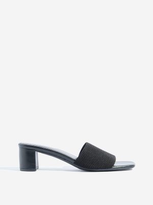 LUNA BLU Black Knit-Textured Block Heel Sandals