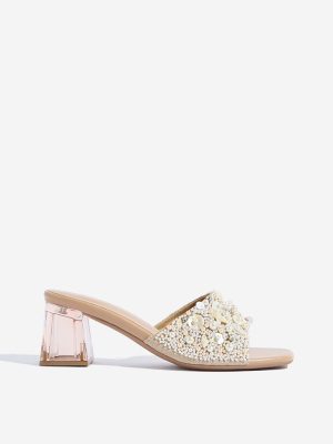 LUNA BLU Beige Embellished Block-Heel Sandals