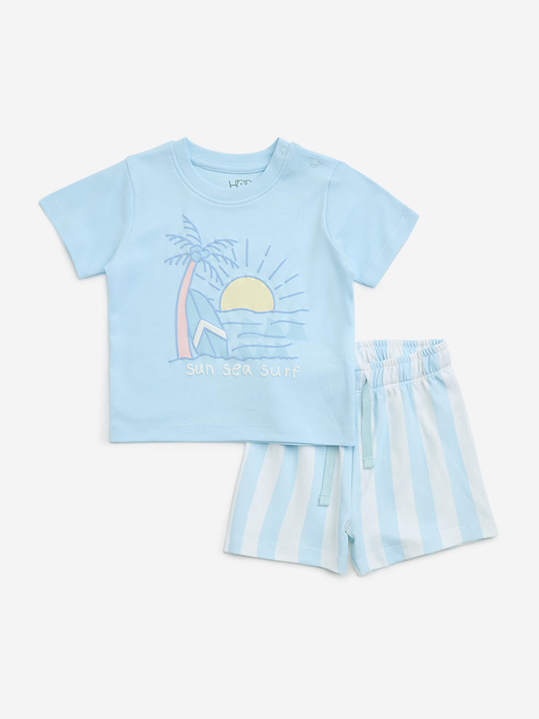 HOP Baby Light Blue Printed Cotton T-Shirt & Shorts Set