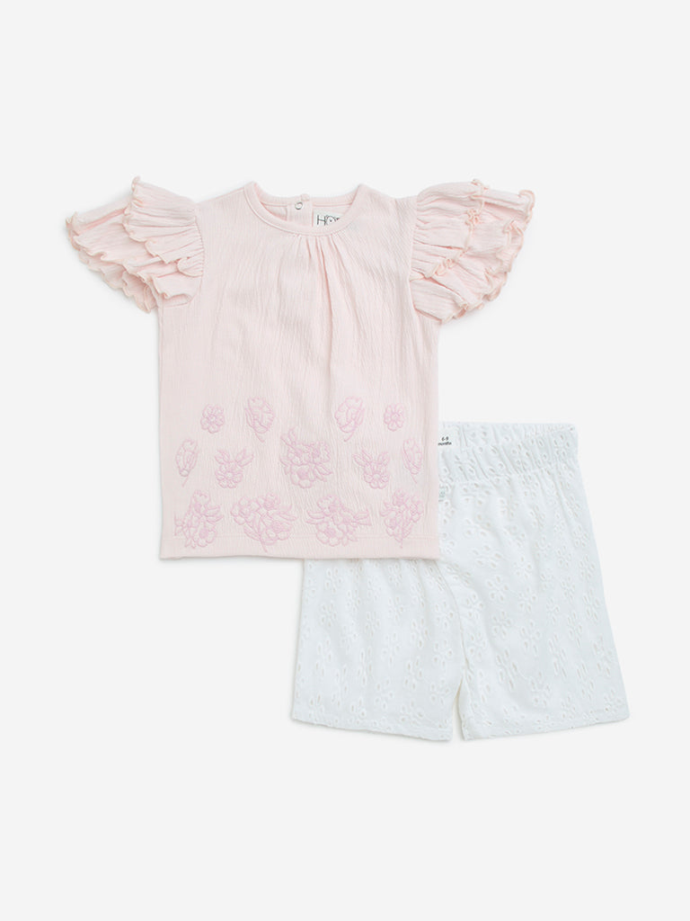 HOP Baby Pink Embroidered Cotton Blend Top & Shorts Set