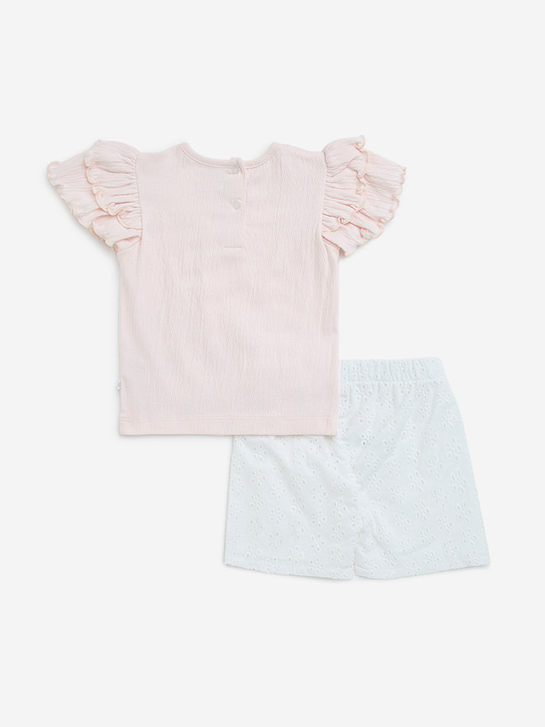 HOP Baby Pink Embroidered Cotton Blend Top & Shorts Set - Image 2