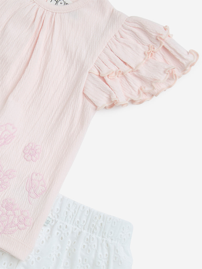 HOP Baby Pink Embroidered Cotton Blend Top & Shorts Set - Image 3