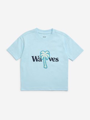 HOP Kids Blue Tropical Printed Cotton T-Shirt